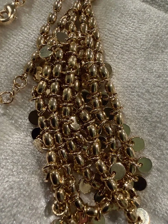 Gold Tone Layered Disc Necklace with Cascading Charms - Picture 10 of 11